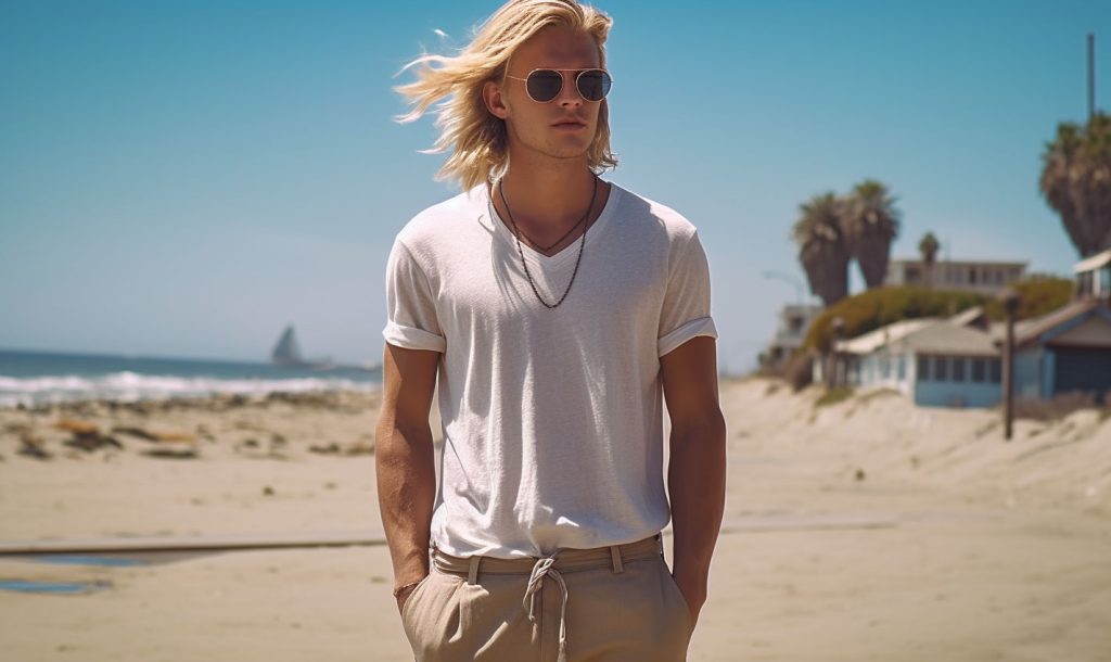 Model i linnedbukser og t-shirt