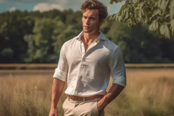 Model i beige chinos og hvid hørskjorte